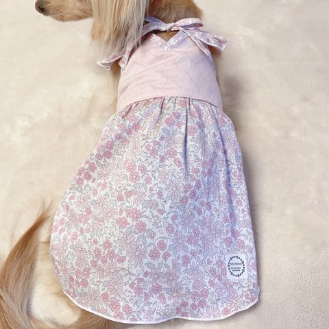 犬服★ リバティ　ホルターネック　リボンワンピ　ダックス　小型犬