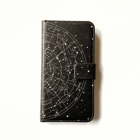 【iPhone/Android】星図（北天） 手帳型スマホケース（黒）