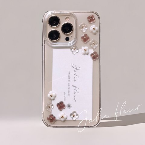 𝐜𝐥𝐞𝐚𝐫 𝐛𝐫𝐨𝐰𝐧' 𝐦𝐢𝐱/ぷっくりお花 iPhoneケース スマホケース iPhone14 iPhone13 iPhone12 全機種対応 クリア ブラウン 透明感 ラテ