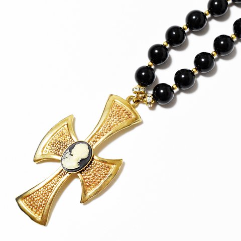 Vintage 1980's goldmetal cross×cameo long necklace