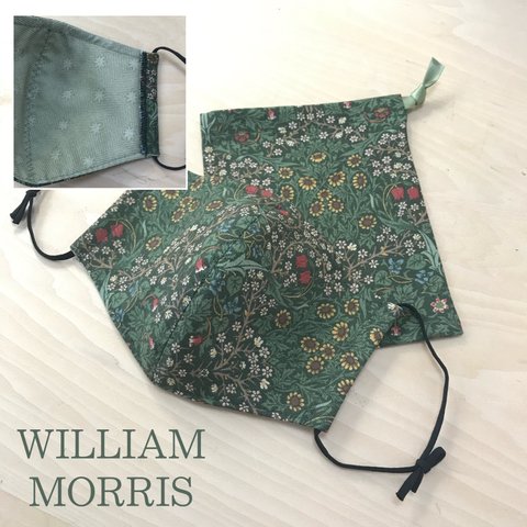 収納袋付◆William Morris ノーズワイヤー入り立体布マスク ブラックソーン モスグリーン