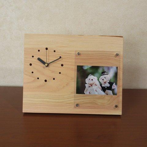 フォトフレーム付き木製時計　桧21（置き時計）