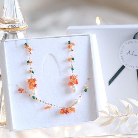 fire opal earring＆bracelet set：ファイヤーオパール×淡水真珠チェーンブレスレット＆ピアス・イヤリングセット　天然石　オレンジ