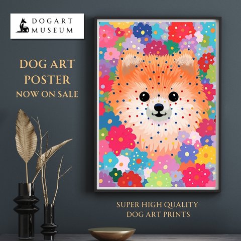 【花とポメラニアン犬の夢の世界 No.3】アートポスター 犬の絵 犬の絵画 犬のイラスト