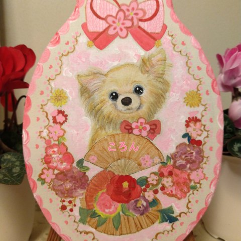 トールペイントハンドメイド☆チワワ ピンク扇子正月リース 犬ペット絵 表札看板プレゼントに！うちの子オーダー受付ます！