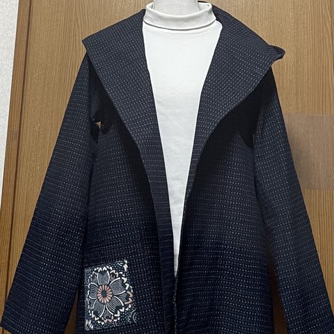 着物リメイク　書生絣のフード付きジャケット　L〜LLサイズ