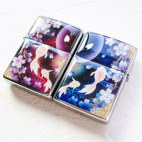 名入れ無料 ペア 手描き ZIPPO  金魚と桜 箱付き 金箔 (2個セット)