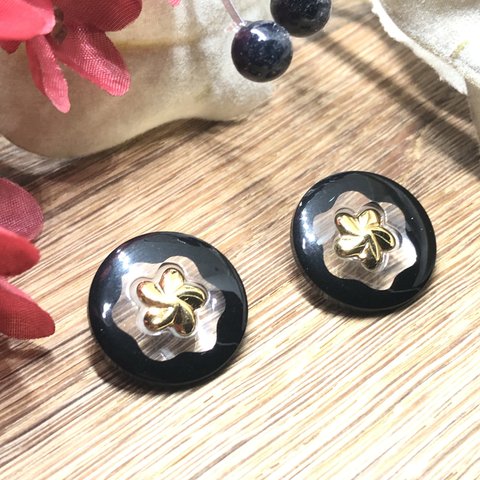 【2ヶ】20mm ヴィンテージ プルメリアボタン ブラック×ゴールド