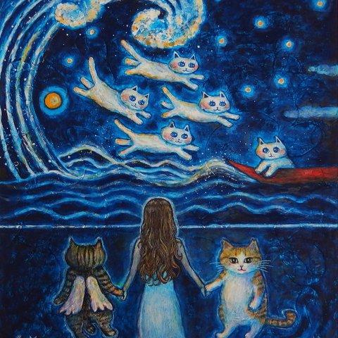 ★よぴさま専用★原画「ずっと一緒 - 大波と飛び猫の月夜に」 F10号  ＃オーダーメイド絵画 ＃通販 ＃猫の絵 ＃天使猫の絵 ＃海の絵 ＃星月夜の絵