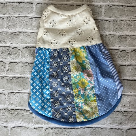 white  girly&blue patches ノースリーブワンピース　Ｓ