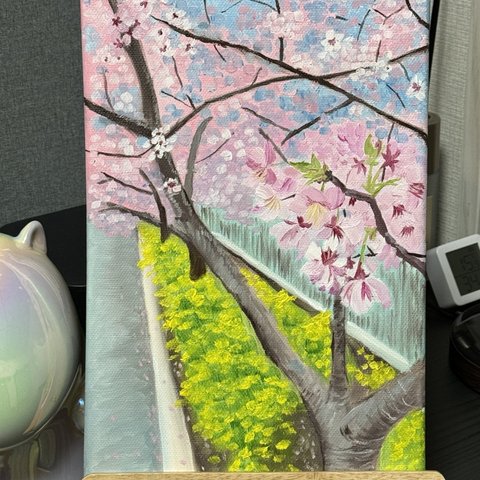 「桜と菜の花」　手描き　油絵　風景画　原画