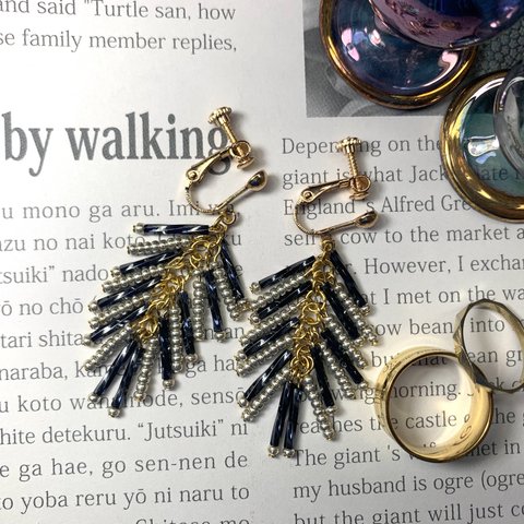 ツリーイヤリング/ピアス(navy×white gold)