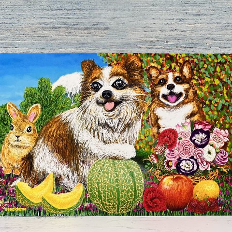 うさぎのポストカード　犬のポストカード　艶やかなフルーツとお花　同柄ポストカード3枚セット