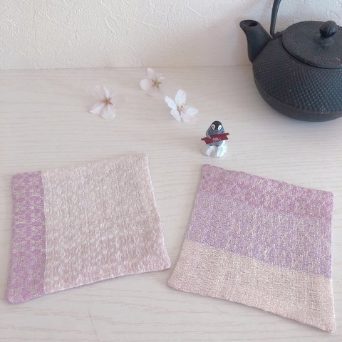手織り桜色リネンコースター(2種類)