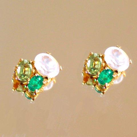 Color Sapphire & Emerald & Rose Quartz Earrings/Pierce