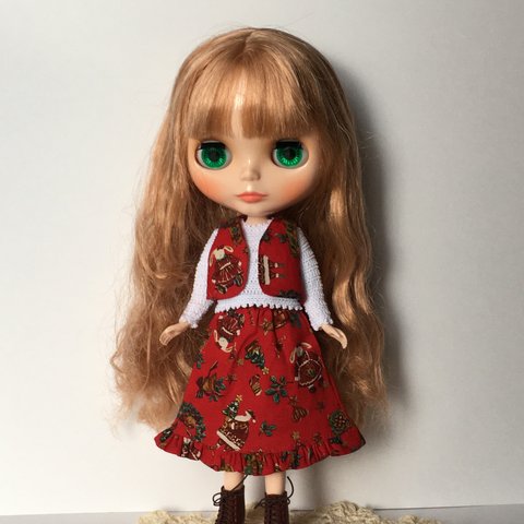 セット・りか☆ネオブライス服＊クリスマス柄のベストとスカート白いニットのセット