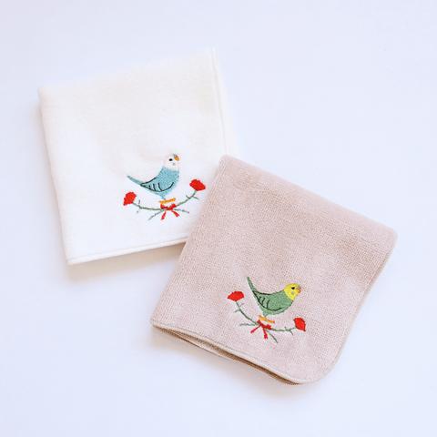 刺繍ミニタオル（セキセイインコ / カーネーション）