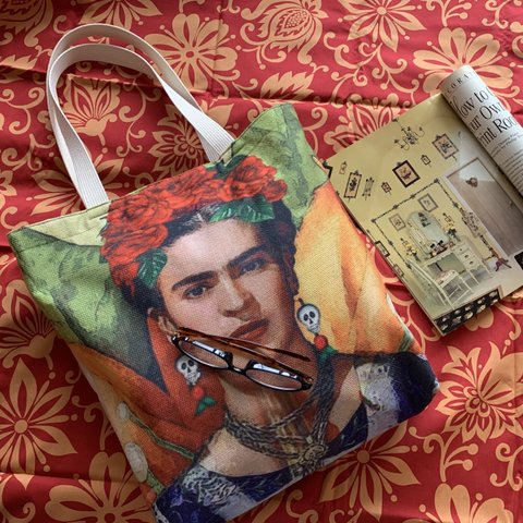 Frida Kahlo / Navajo ダブルコットンリネン×アンティーク加工星柄コットン×2ポケット軽量トートバッグ