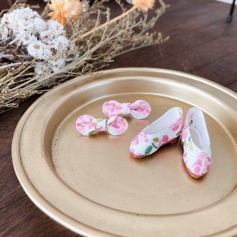 【1/6size】リバティプリント:ピンクの花柄パンプスと髪飾りセット