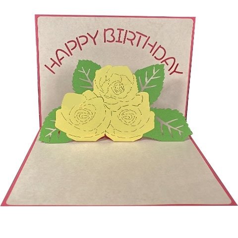 ポップアップグリーティングカード　Happy Birthday 淡黄の薔薇　ピンク