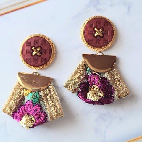 ピンクのお花❁⃘*.ﾟインド刺繍 リボンタッセルピアス✳イヤリング