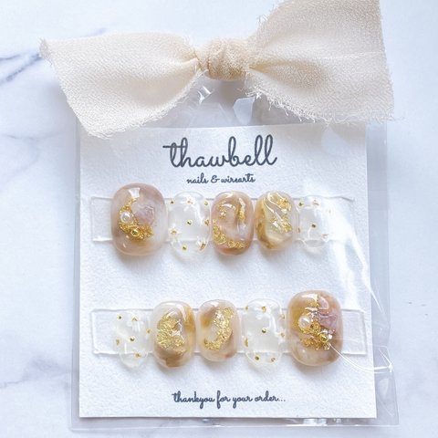 NEW!!ジェルネイルチップ❥❥❥﻿奥行きニュアンス モカブラウンxシースルーフラワーネイル🌼