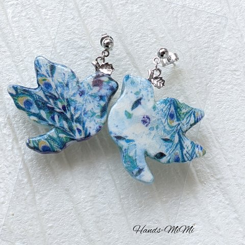 【新作】青い鳥のデコパージュピアス