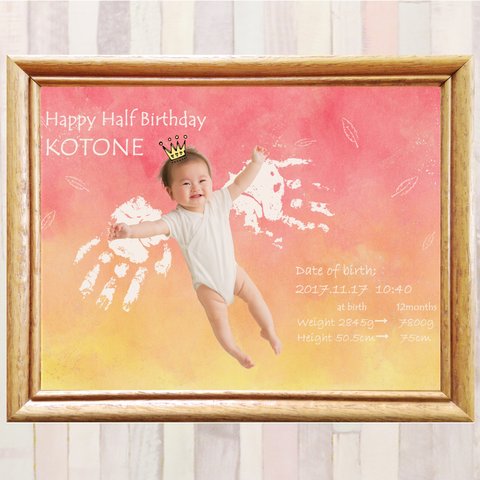 お子様の誕生・1歳誕生日・ハーフバースデーの記念に！おしゃれ手形アート（天使）/写真入り/ファーストバースデー/誕生日/ベビーポスター/バースデーボード