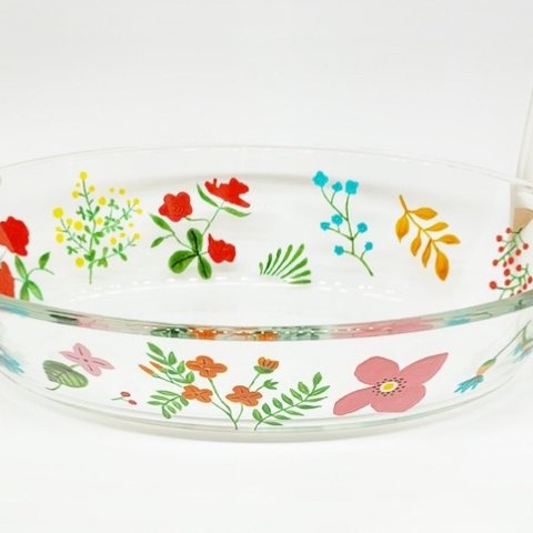 耐熱皿/グラタン皿/耐熱ガラス製/手描きお花柄