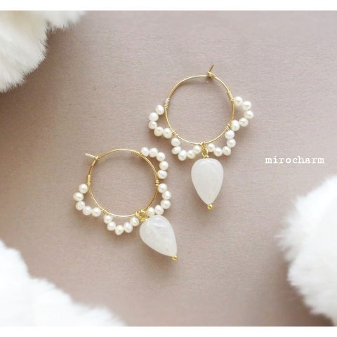 {14Kgf}パール&リーフのスカラップピアス **winter white jade**