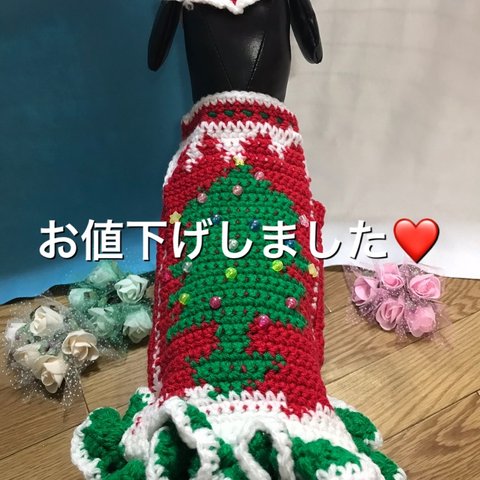 犬♡猫 サンタクロース クリスマス 手編みニットワンピース