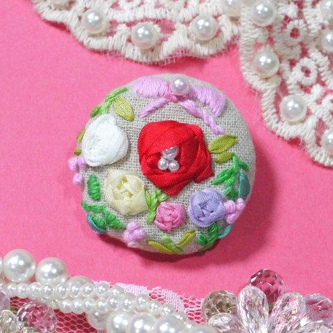 rose garden ✿ リボン 刺繍 ブローチ / くるみボタン