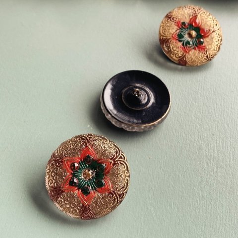 【1コずつ販売】#czechbutton#czechglass#チェコボタン　径28㍉　chinoiserie red green/bronze金具型