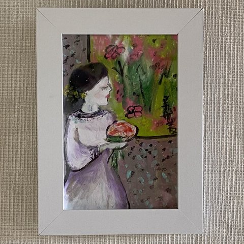 絵画 。壁掛け絵原画手描き【窓辺で花を持って思いを寄せる美しい少女】