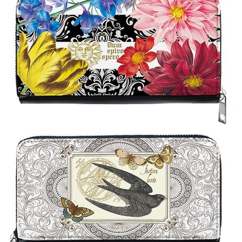 花と太陽のお財布：長財布　裏に鳥　バタフライ　ボタニカル　ツバメ　星座　宇宙