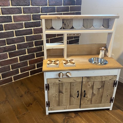 おままごとキッチン（シンプル）オープンカフェ式 木製 3色から選べる ハンドメイド
