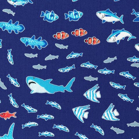 シーチング生地【50×110cm】 魚 ジンベイザメ サメ 鮫 クマノミ 海 入園入学 入園グッズ 男の子 青 ブルー