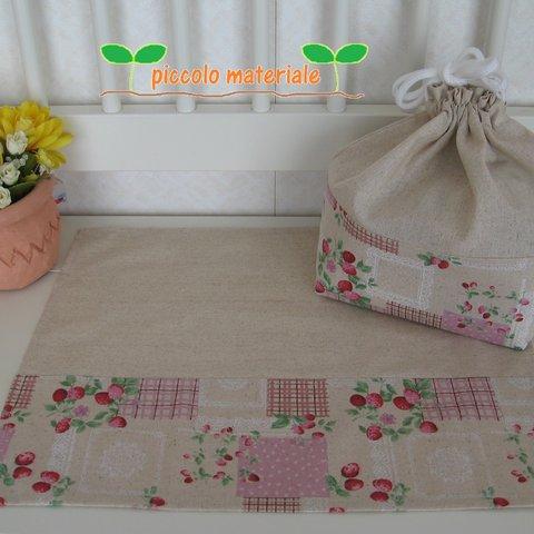 【送料無料】お弁当袋２点☆strawberry×cotton linen