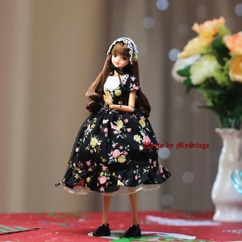 msdr-22-318　黒花柄ワンピース（momoko、ジェニー、オビツ27サイズ）