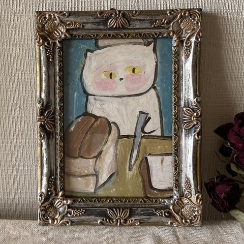 絵画。原画【白猫ちゃんは美味しいチョコレートパンを切っています】