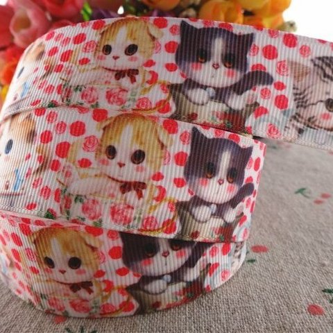 レトロ調りぼん25mm【ねこ4種/赤水玉】３ヤード