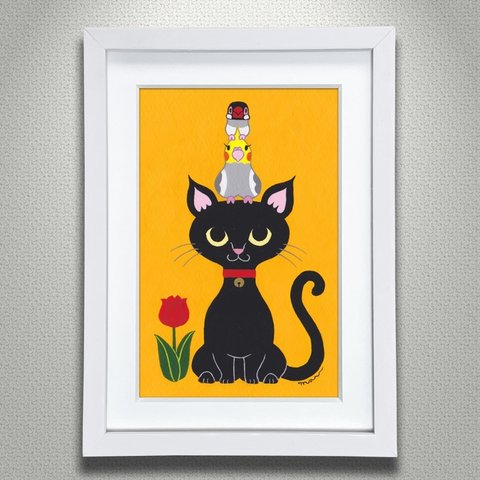 原画「猫と花と小鳥ブレーメン 黒猫 橙色」猫/鳥/イラスト/絵/北欧/アート/絵画