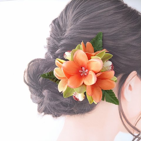 オレンジ プルメリア シンビジューム フラダンス 髪飾り ハワイアン フラ ヘアクリップ FL-50   