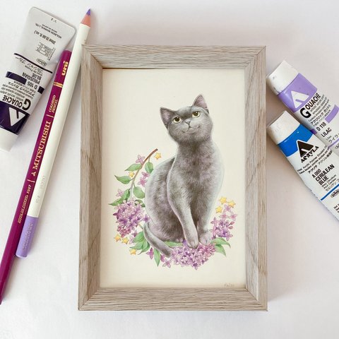 ライラックと黒猫　ポストカードサイズ原画　一点物　アクリル絵の具/色鉛筆