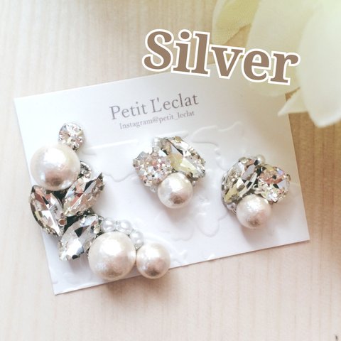 Silver⋆*クリスタルLeaf×ホワイトコットンpearl bijouイヤーカフ3点set