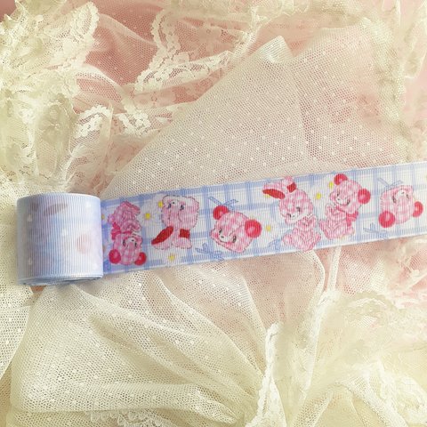 両面リボン幅38mm☆チェックくま＆うさぎ(マーガレットブルー) 2ｍ