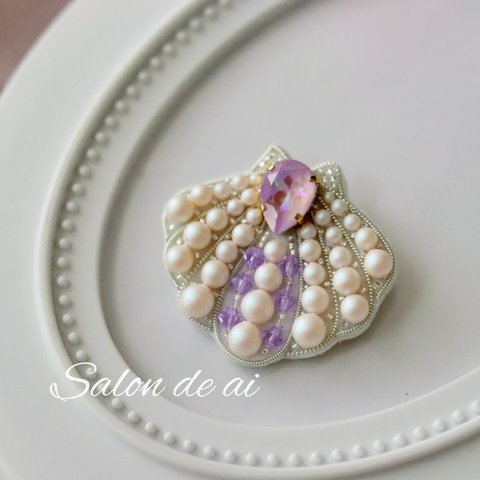 【パール刺繍】シェルブローチ　バイオレット