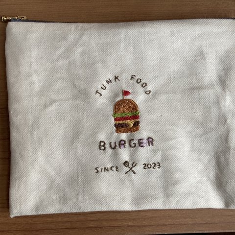 バーガー刺繍ポーチ(20cmファスナー)