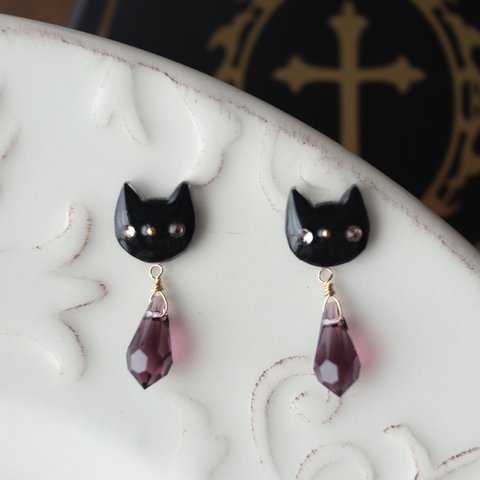 黒猫のイヤリングorピアス【紫】