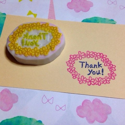 花フレームのThank you！はんこ